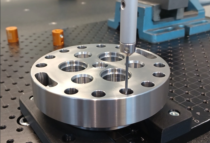 CMM probe measuring a hole in a machined flange