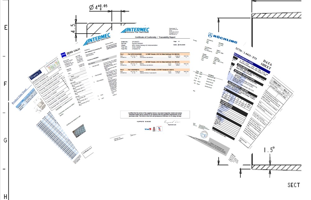 Material certificates, certificate of conformity and inspection reports with engineering drawings