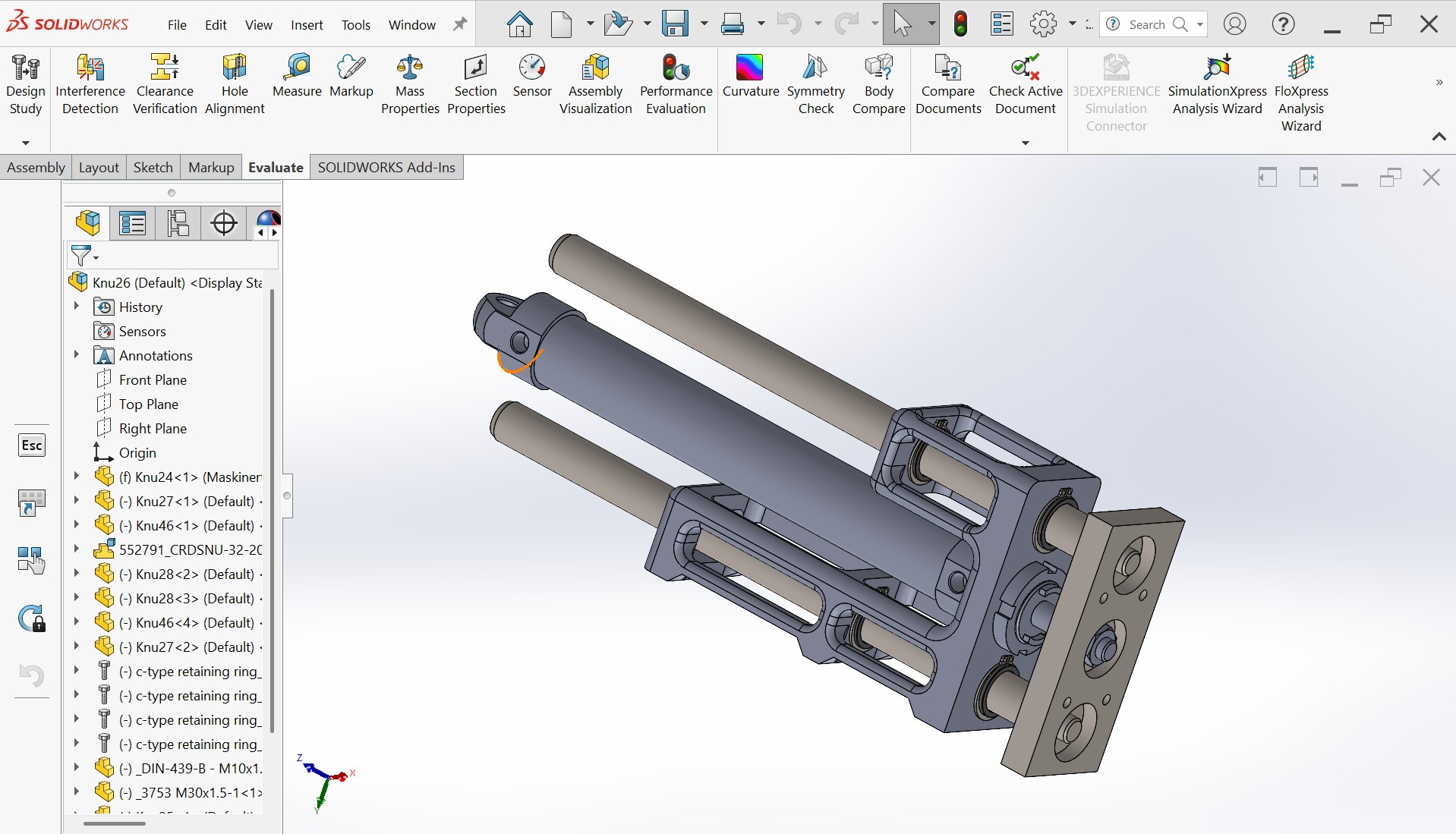 Mechanical assembly displayed in SOLIDWORKS