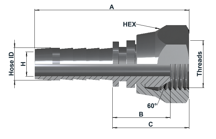 Group 0100 BSPP Female Swivel 60 degree cone dimensional drawing