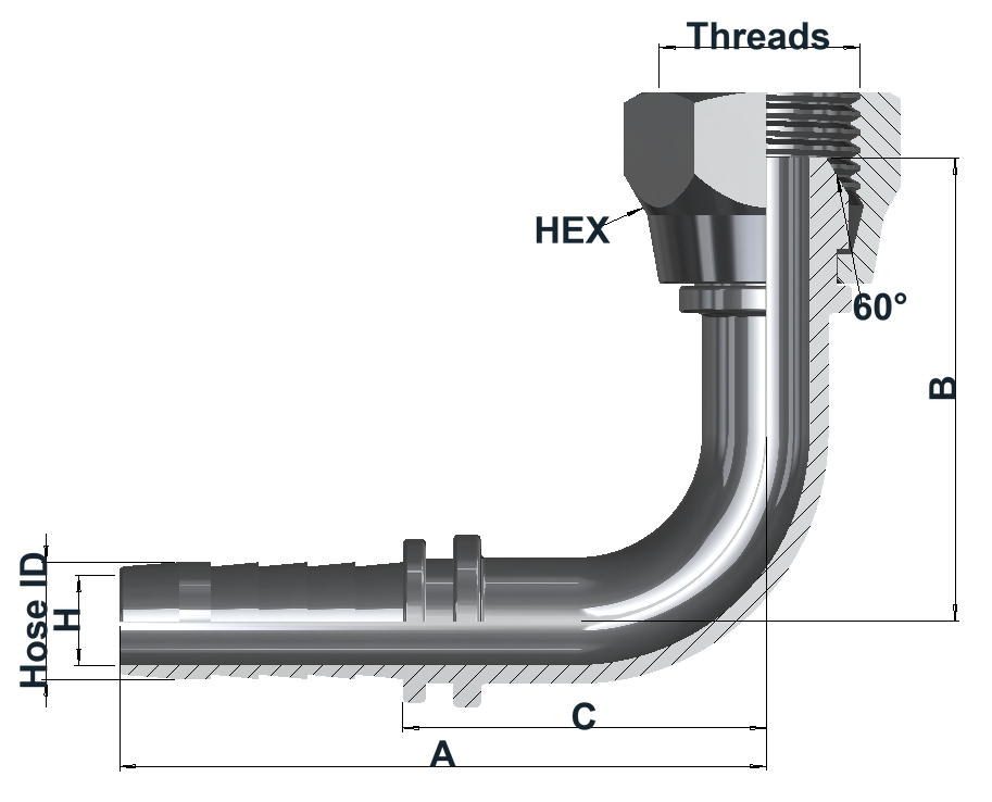 Group 0190 BSPP Female Swivel 60° Cone, 90° dimensional drawing