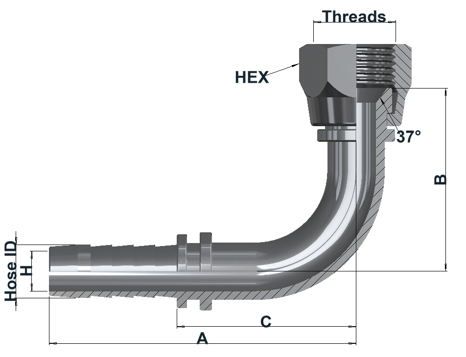 Group 0690 JIC 37° Female Swivel, Elbow 90° dimensional drawing