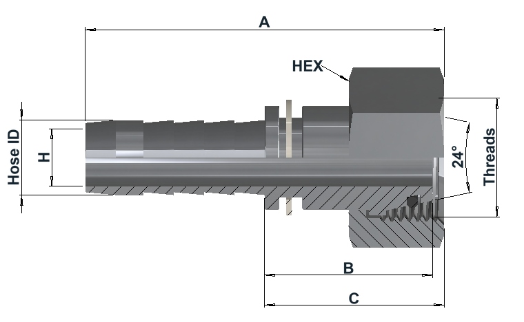 Group 2100 sectional drawing showing hose end, 24 degree female and dimension references