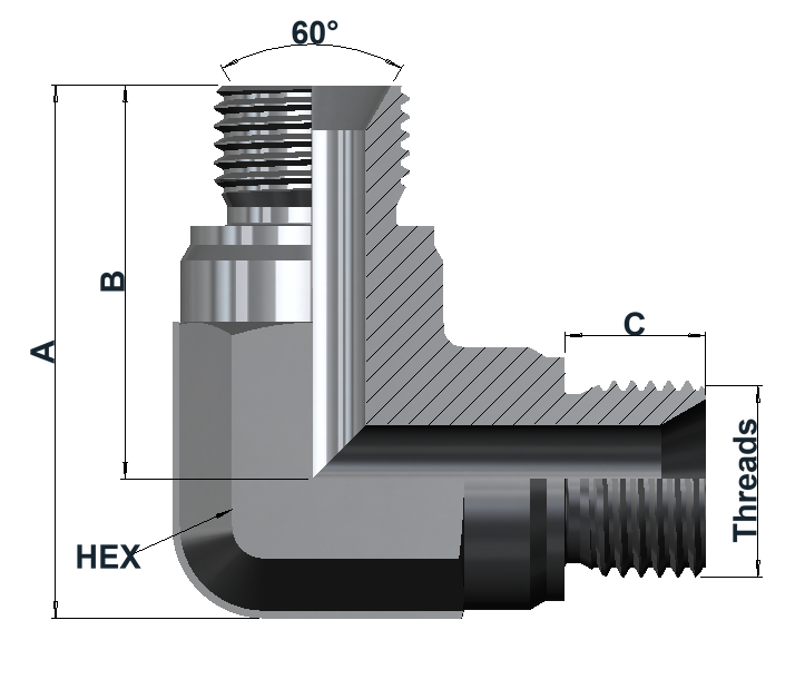 5590 6K BSPP Male 60° Cone, Elbow 90° dimensional drawing
