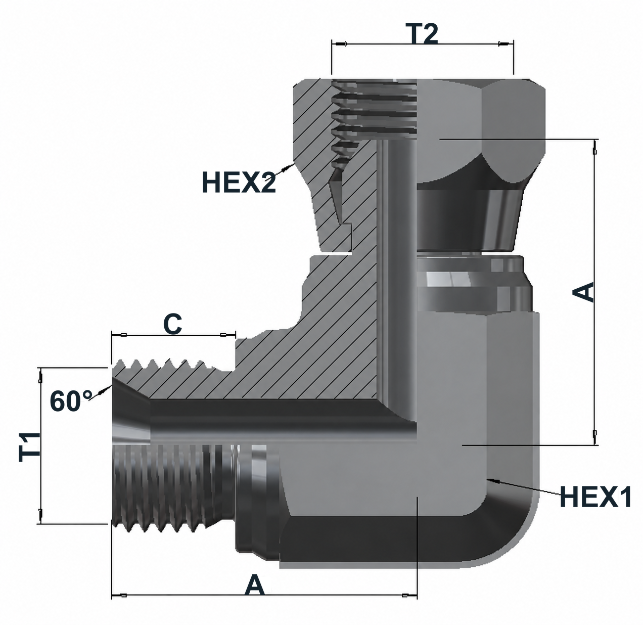 6290 6K BSPP Male 60° Cone × BSPP Female Swivel, Elbow 90° dimensional drawing