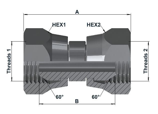 6400 6K BSPP Female Swivel 60° Cone × BSPP Female Swivel 60° Cone dimensional drawing