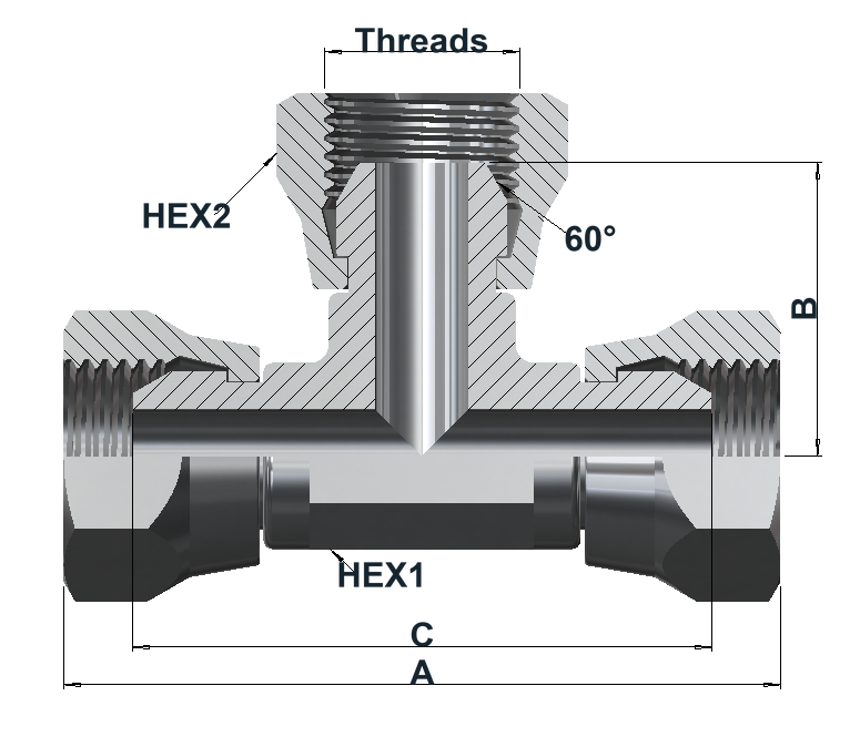 6430 6K BSPP Female Swivel 60° Cone, Tee dimensional drawing