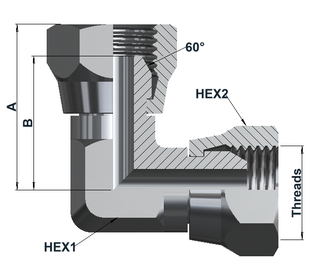 6490 6K BSPP Female Swivel 60° Cone, Elbow 90° dimensional drawing