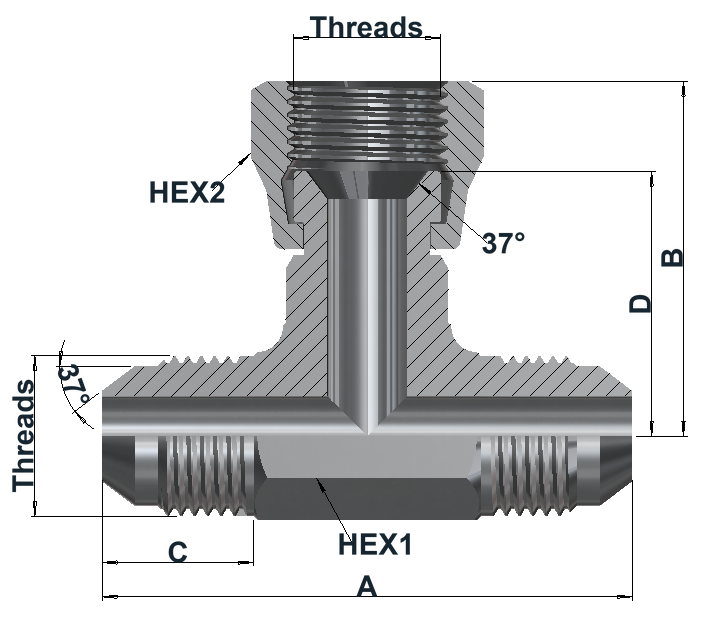 8432 6K JIC 37° Male × JIC 37° Female Swivel, Branch Tee dimensional drawing