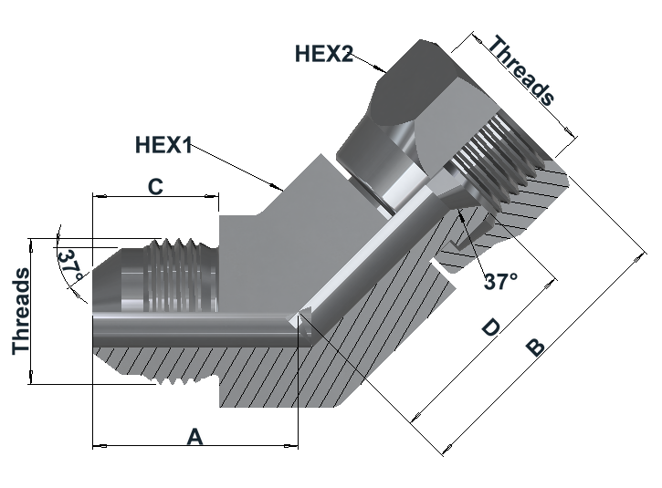 8445 10K JIC 37° Male × JIC 37° Female Swivel, Elbow 45° dimensional drawing