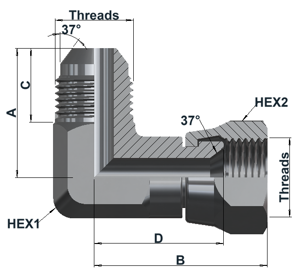 8490 6K JIC 37° Male × JIC 37° Female Swivel, Elbow 90° dimensional drawing