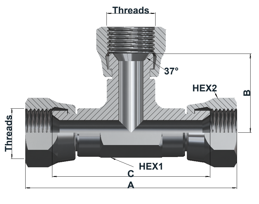 8630 10K JIC 37° Female Swivel, Tee dimensional drawing
