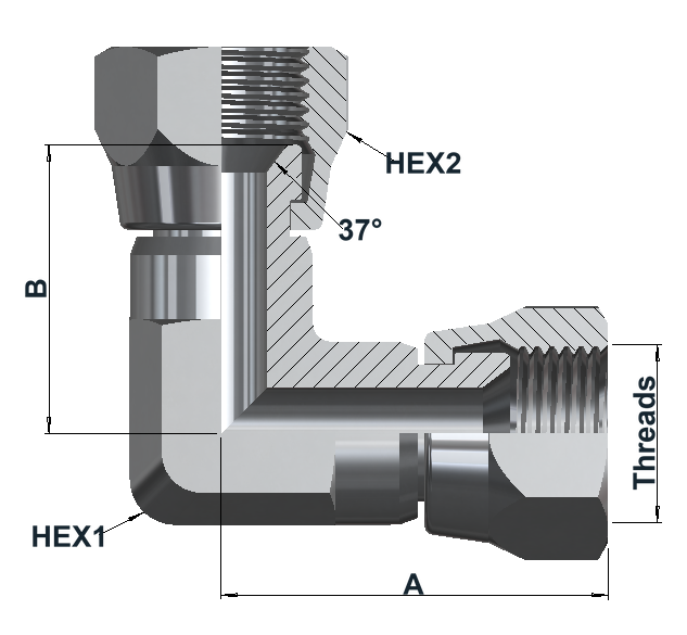 8690 6K JIC 37° Female Swivel, Elbow 90° dimensional drawing