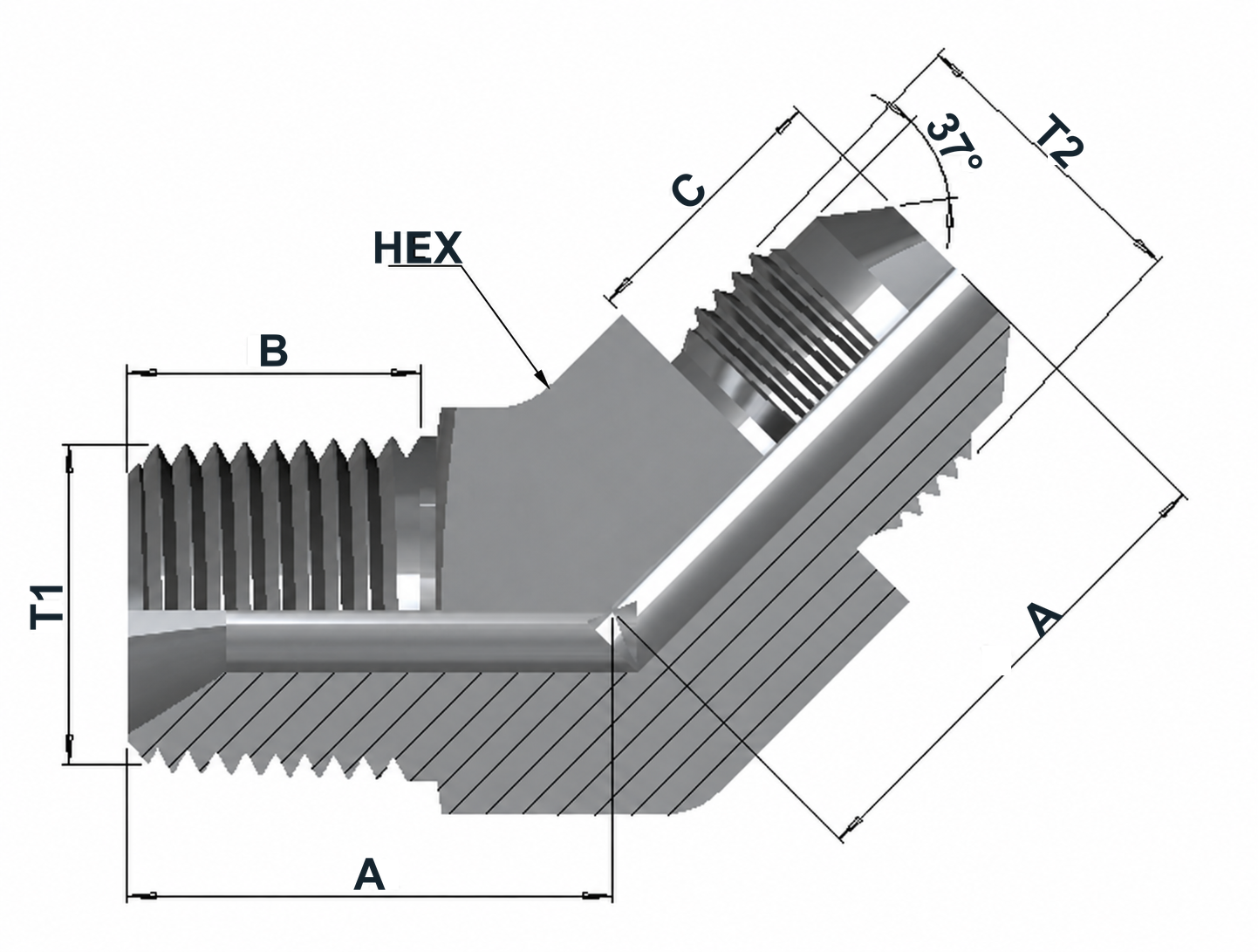8845 6K NPT Male × JIC 37° Male, Elbow 45° dimensional drawing
