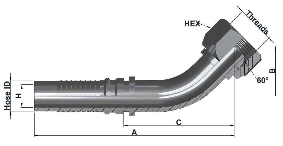 Group IL0145 BSPP Female Swivel 60° Cone, 45° dimensional drawing
