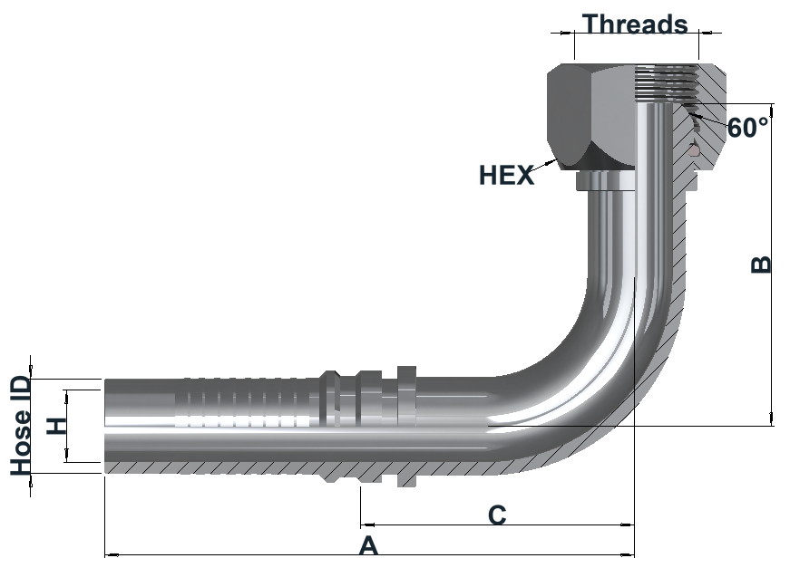 Group IL0190 BSPP Female Swivel 60° Cone, 90° dimensional drawing